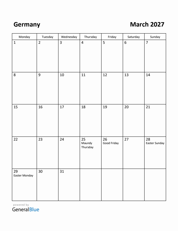 March 2027 Calendar with Germany Holidays