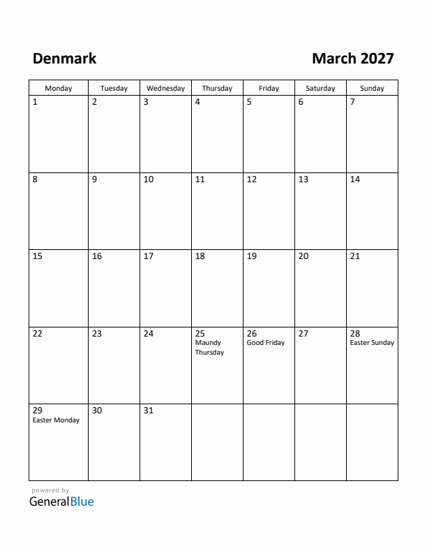 March 2027 Calendar with Denmark Holidays