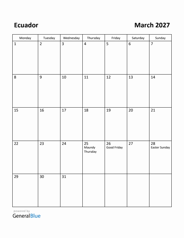 March 2027 Calendar with Ecuador Holidays