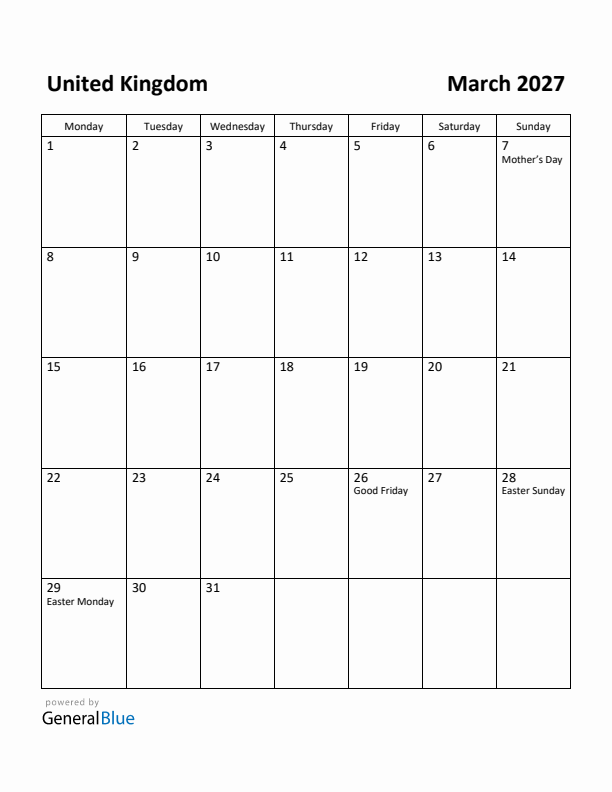 March 2027 Calendar with United Kingdom Holidays