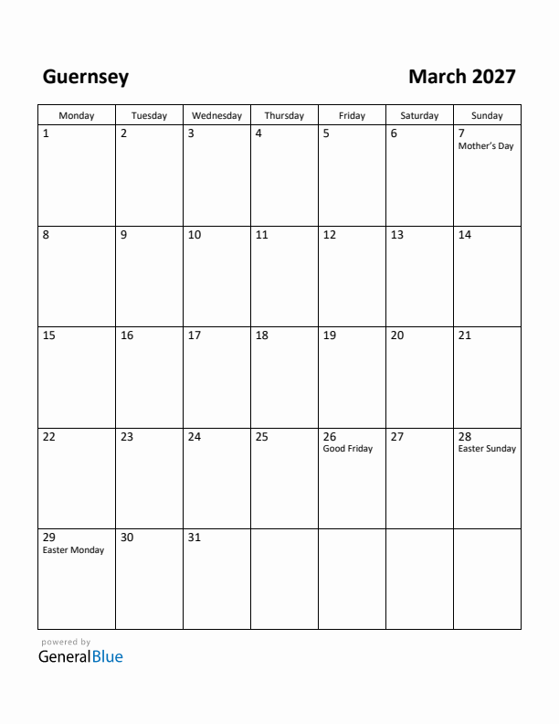 March 2027 Calendar with Guernsey Holidays
