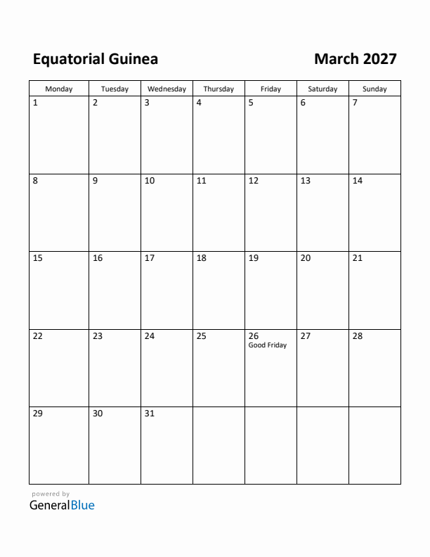 March 2027 Calendar with Equatorial Guinea Holidays