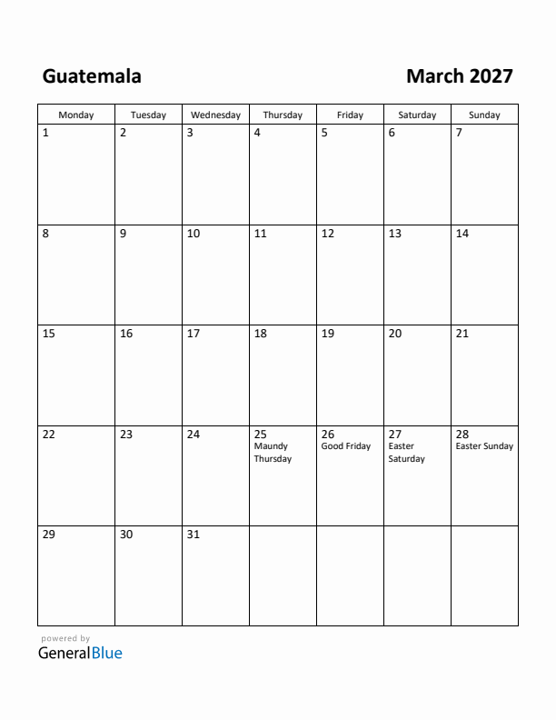 March 2027 Calendar with Guatemala Holidays