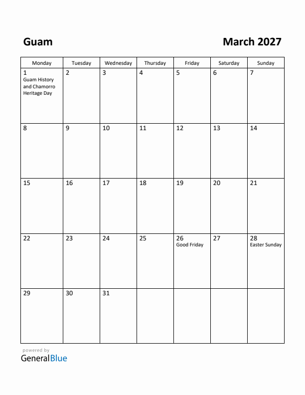 March 2027 Calendar with Guam Holidays