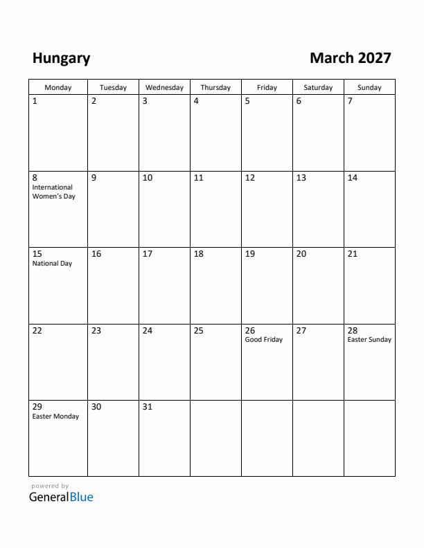 March 2027 Calendar with Hungary Holidays