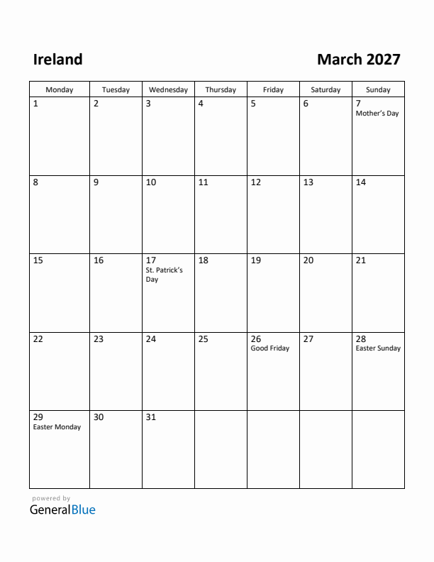 March 2027 Calendar with Ireland Holidays