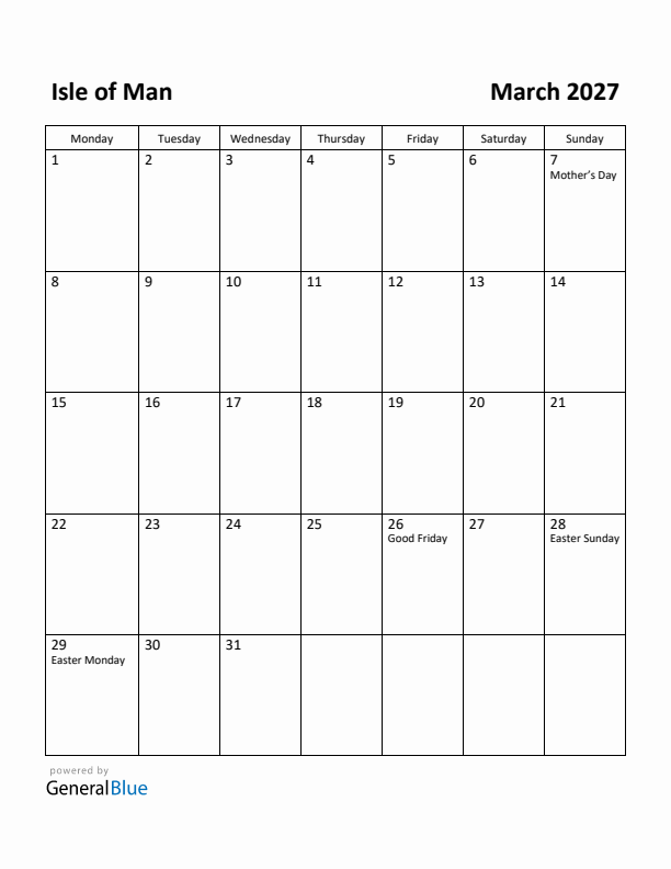 March 2027 Calendar with Isle of Man Holidays