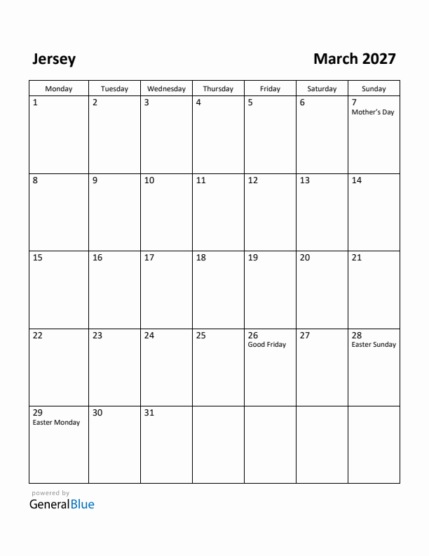 March 2027 Calendar with Jersey Holidays