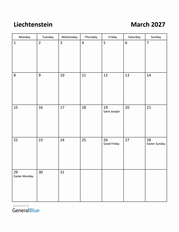 March 2027 Calendar with Liechtenstein Holidays