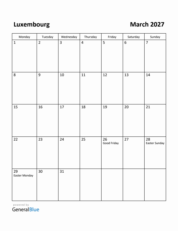 March 2027 Calendar with Luxembourg Holidays