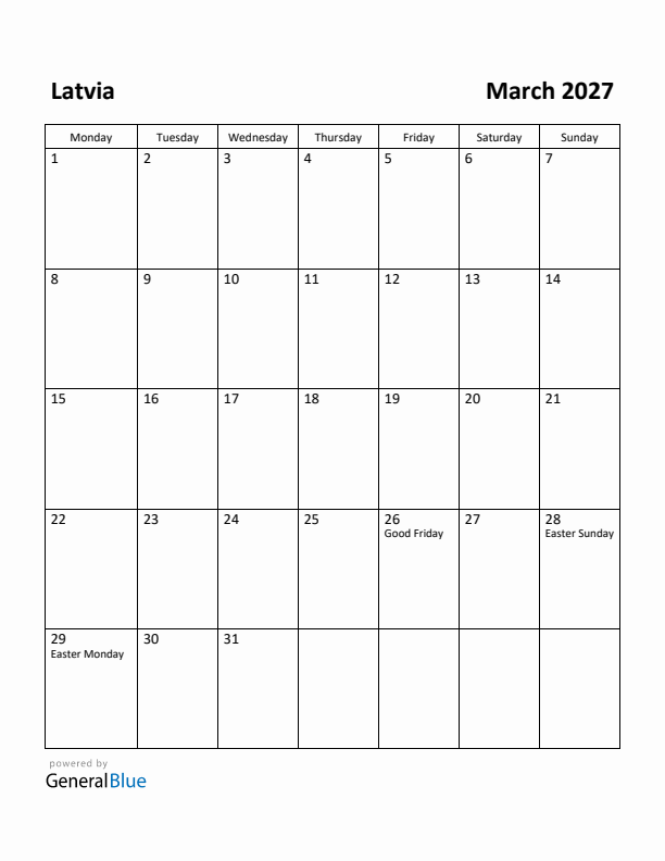March 2027 Calendar with Latvia Holidays