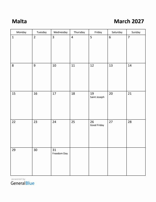 March 2027 Calendar with Malta Holidays