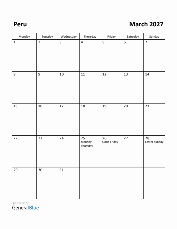 March 2027 Calendar with Peru Holidays