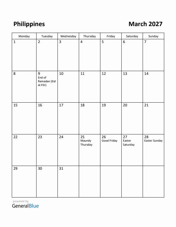 March 2027 Calendar with Philippines Holidays