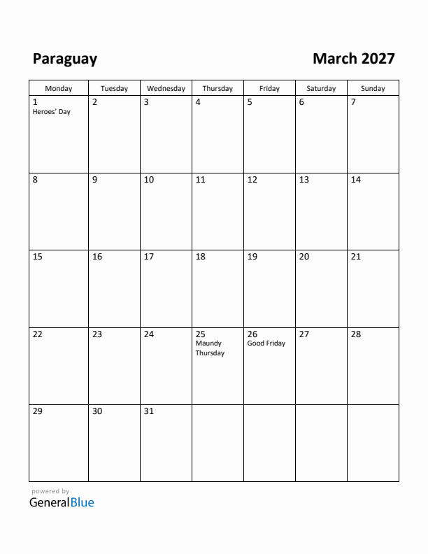 March 2027 Calendar with Paraguay Holidays