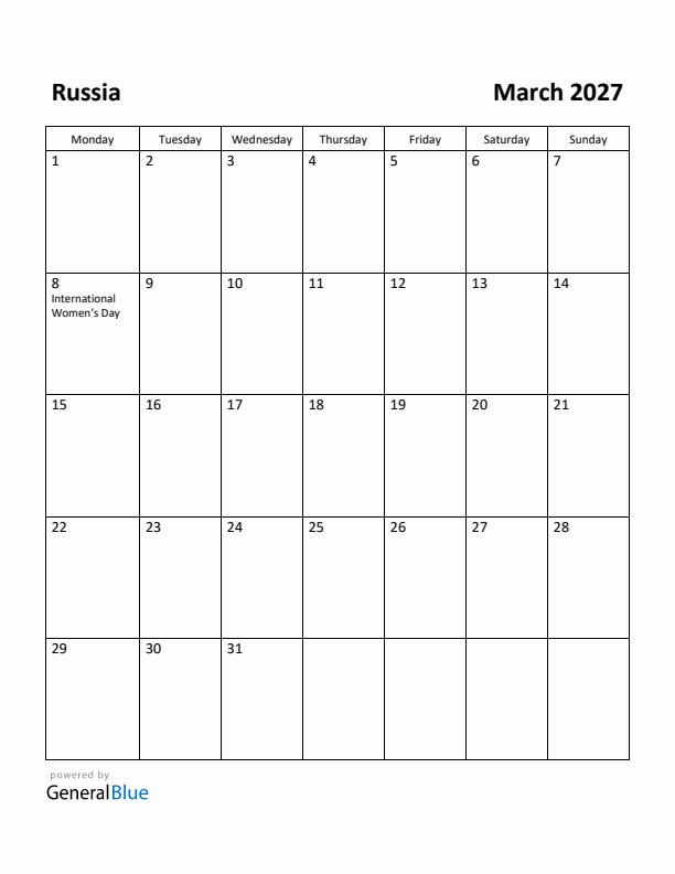 March 2027 Calendar with Russia Holidays