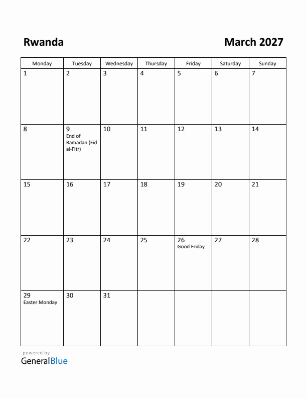 March 2027 Calendar with Rwanda Holidays