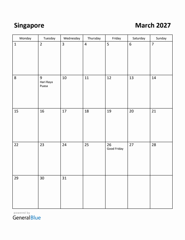 March 2027 Calendar with Singapore Holidays