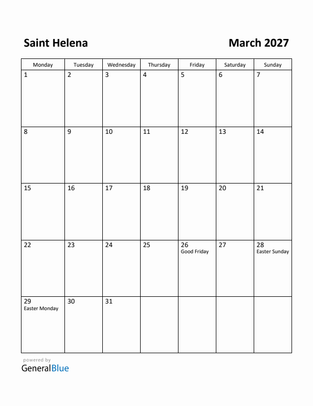 March 2027 Calendar with Saint Helena Holidays