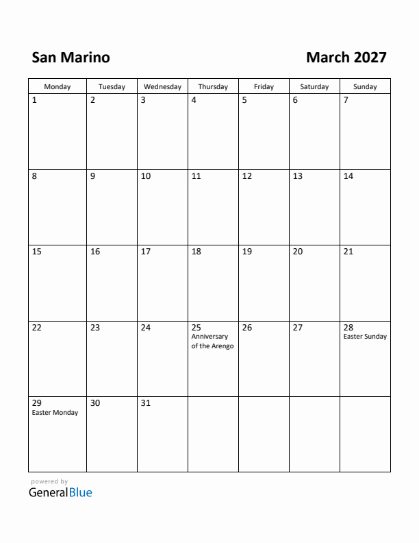 March 2027 Calendar with San Marino Holidays