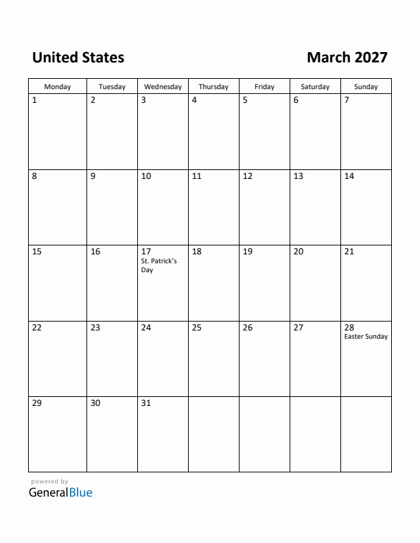 March 2027 Calendar with United States Holidays