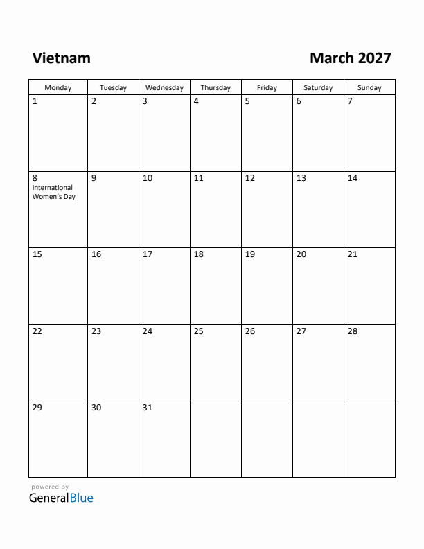 March 2027 Calendar with Vietnam Holidays