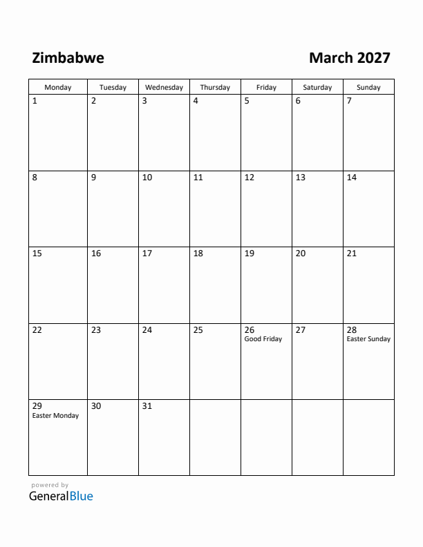 March 2027 Calendar with Zimbabwe Holidays