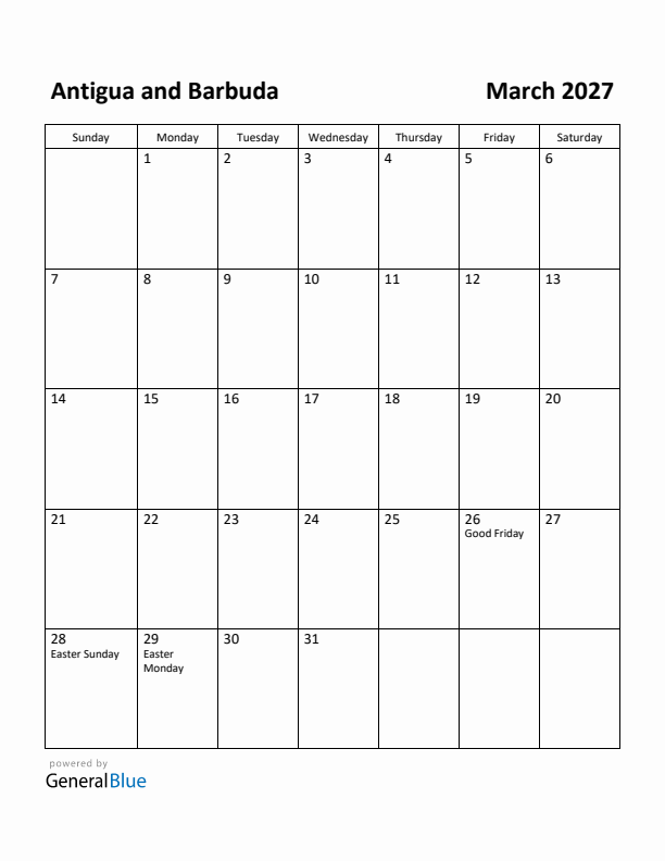 March 2027 Calendar with Antigua and Barbuda Holidays