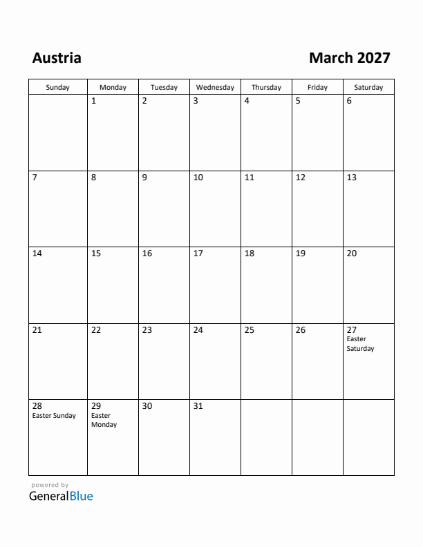 March 2027 Calendar with Austria Holidays