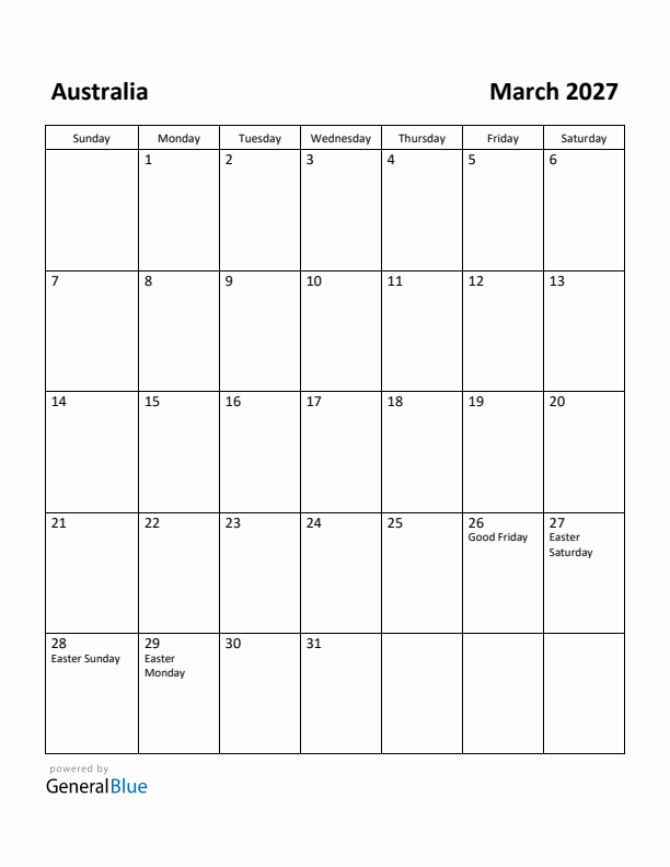 March 2027 Calendar with Australia Holidays