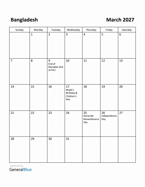 March 2027 Calendar with Bangladesh Holidays