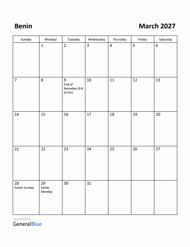 March 2027 Calendar with Benin Holidays