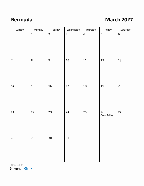 March 2027 Calendar with Bermuda Holidays
