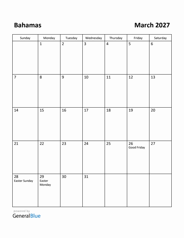 March 2027 Calendar with Bahamas Holidays