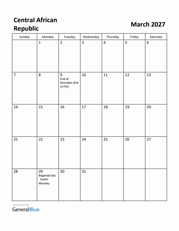March 2027 Calendar with Central African Republic Holidays