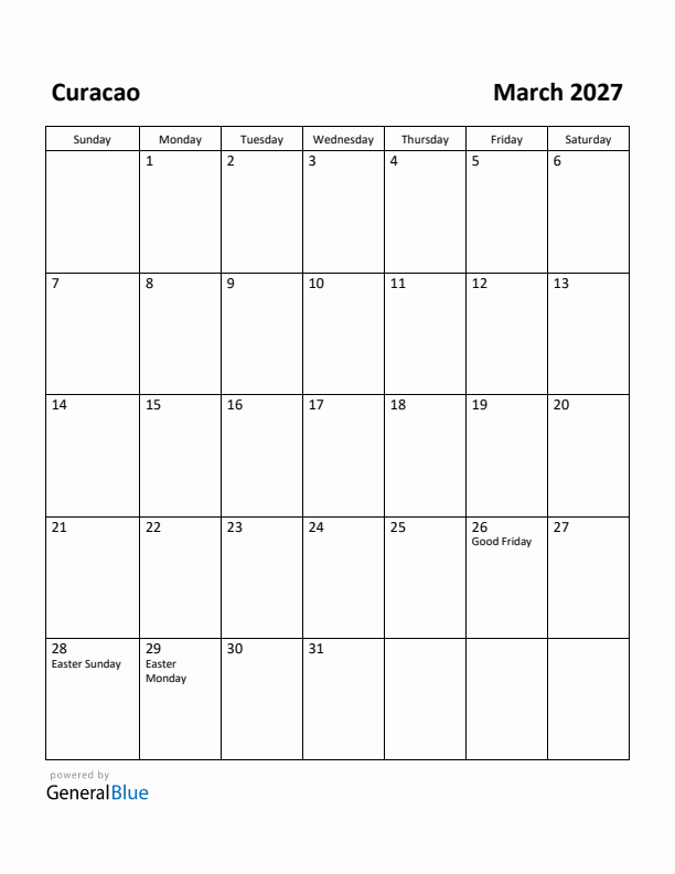 March 2027 Calendar with Curacao Holidays