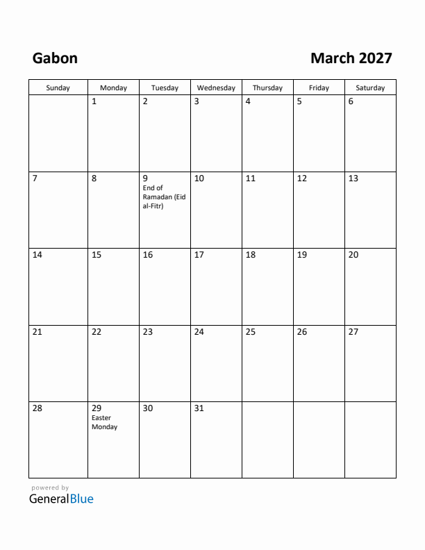 March 2027 Calendar with Gabon Holidays