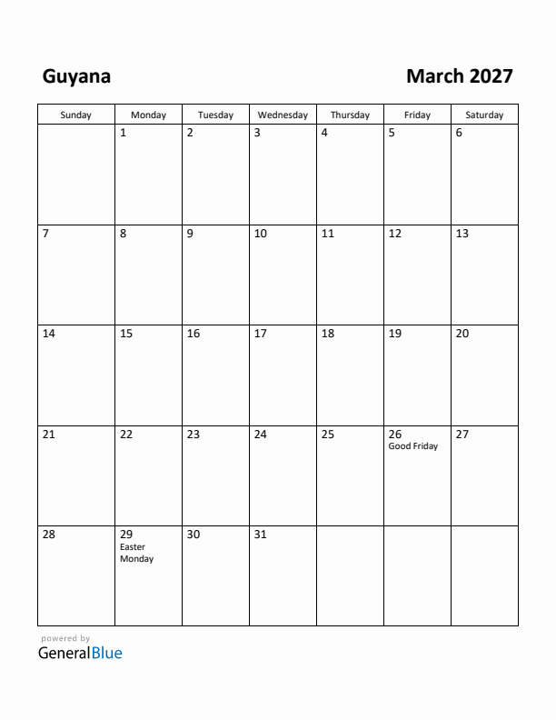 March 2027 Calendar with Guyana Holidays
