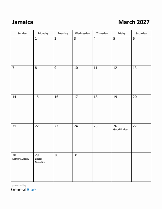 March 2027 Calendar with Jamaica Holidays