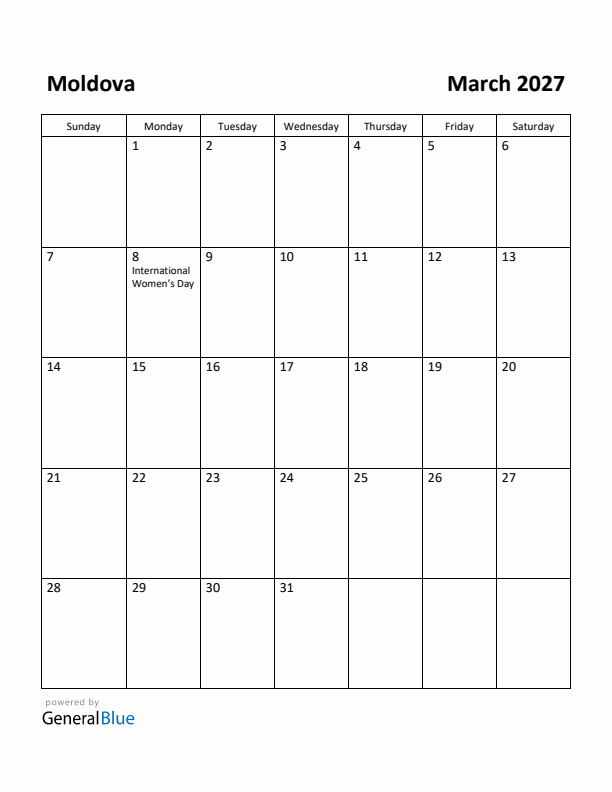 March 2027 Calendar with Moldova Holidays