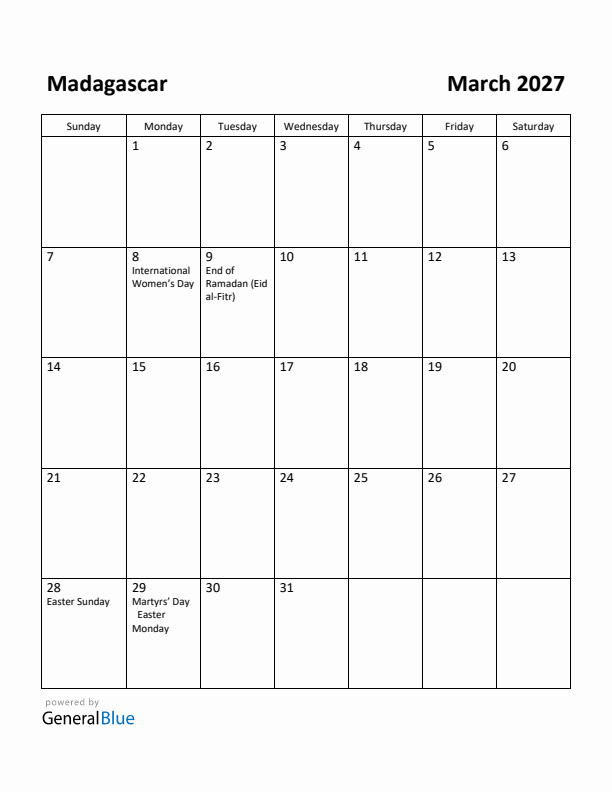 March 2027 Calendar with Madagascar Holidays