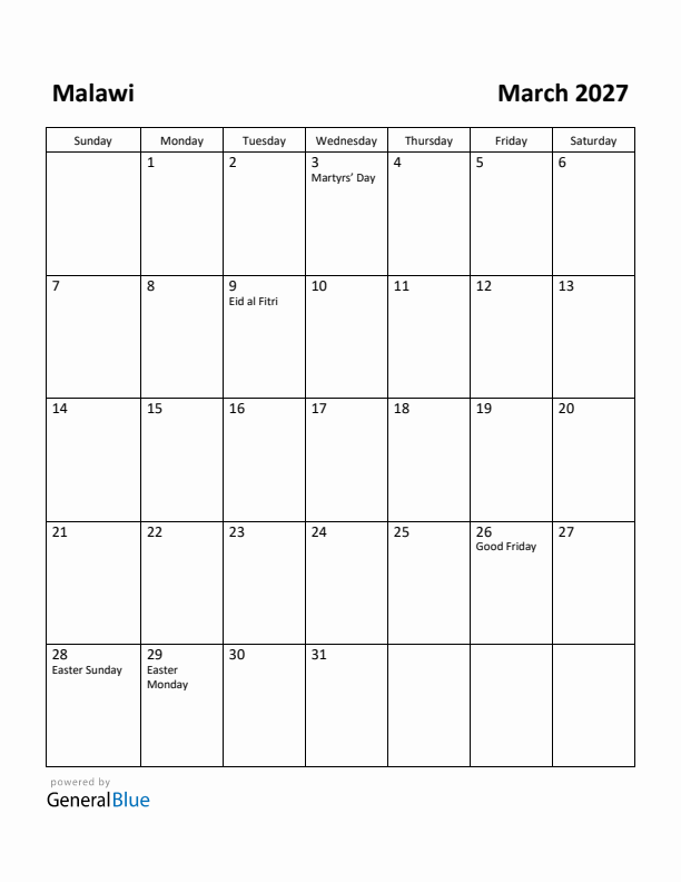 March 2027 Calendar with Malawi Holidays