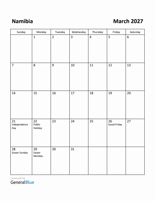 March 2027 Calendar with Namibia Holidays