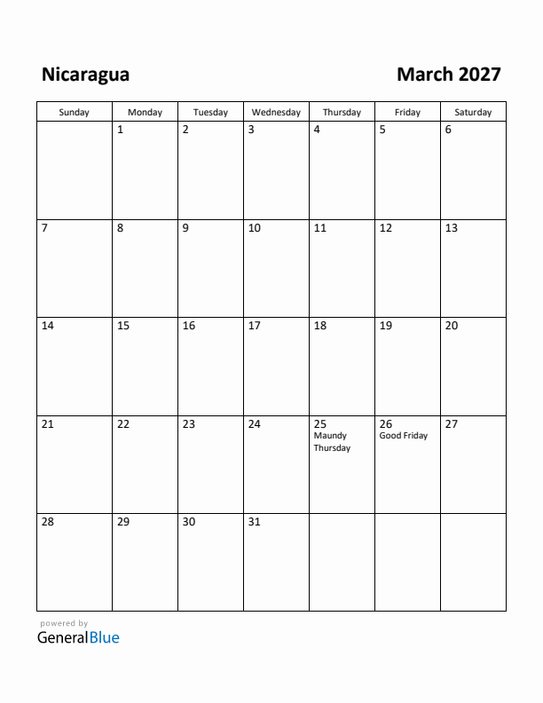 March 2027 Calendar with Nicaragua Holidays