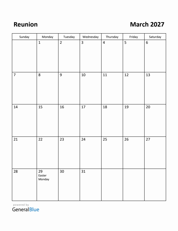 March 2027 Calendar with Reunion Holidays