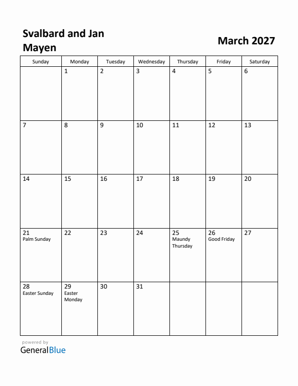 March 2027 Calendar with Svalbard and Jan Mayen Holidays