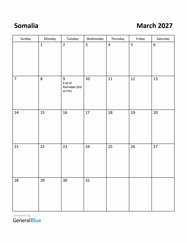 March 2027 Calendar with Somalia Holidays