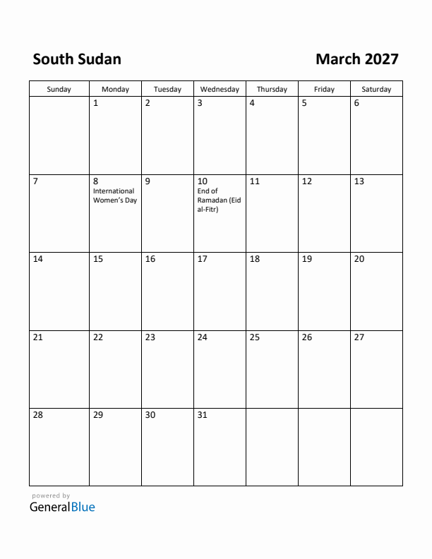 March 2027 Calendar with South Sudan Holidays