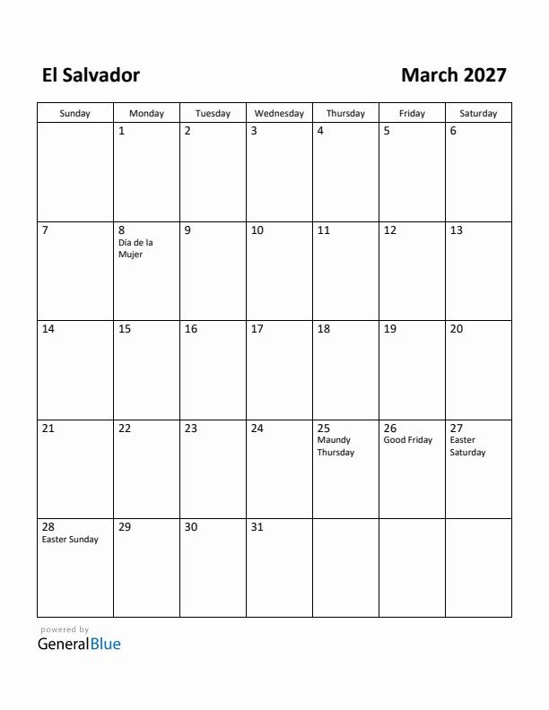March 2027 Calendar with El Salvador Holidays