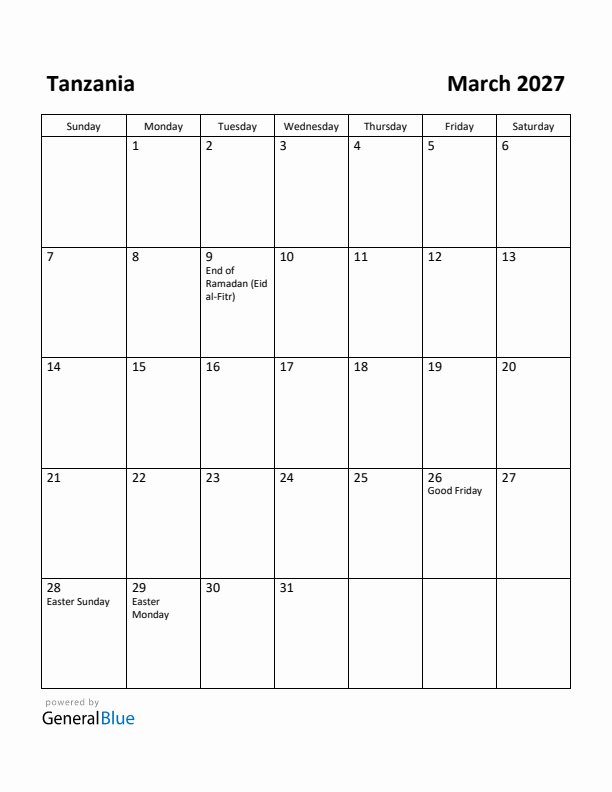 March 2027 Calendar with Tanzania Holidays